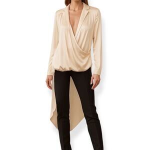 Vertigo Size S High Low Drape Blouse Cream‎ 100% Silk Flowy Coastal Lagenlook